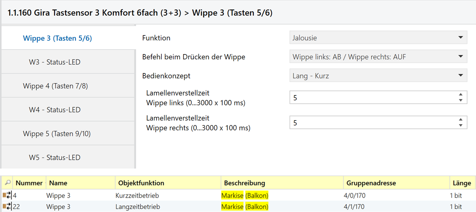 Konfiguration des Tastsensors in der ETS