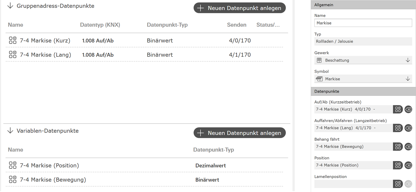 Konfiguration der Gruppenadress- und Variablen-Datenpunkte in der Visualisierung